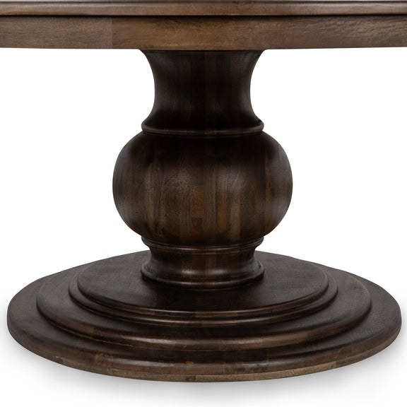 Dark brown pedestal base and tabletop support for round dining table