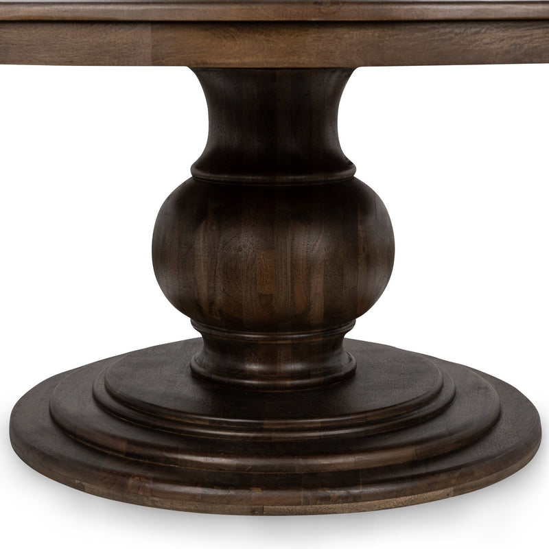 Dark brown pedestal base and tabletop support for round dining table