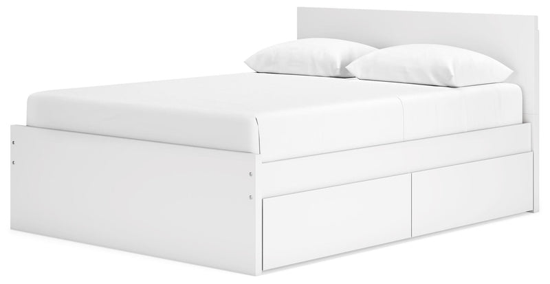 White panel platform bed with headboard and two side storage drawers