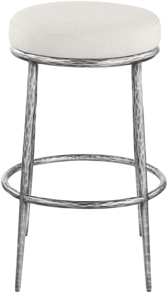 White round upholstered backless bar stool with antique silver metal frame and footrest