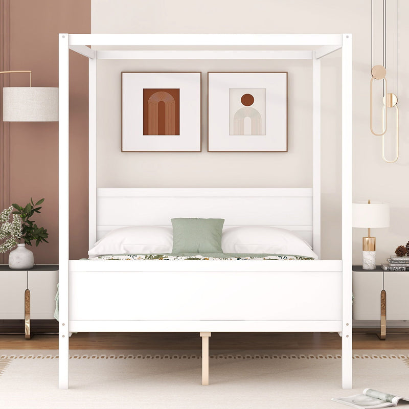 White canopy platform bed with headboard, footboard, and slatted base