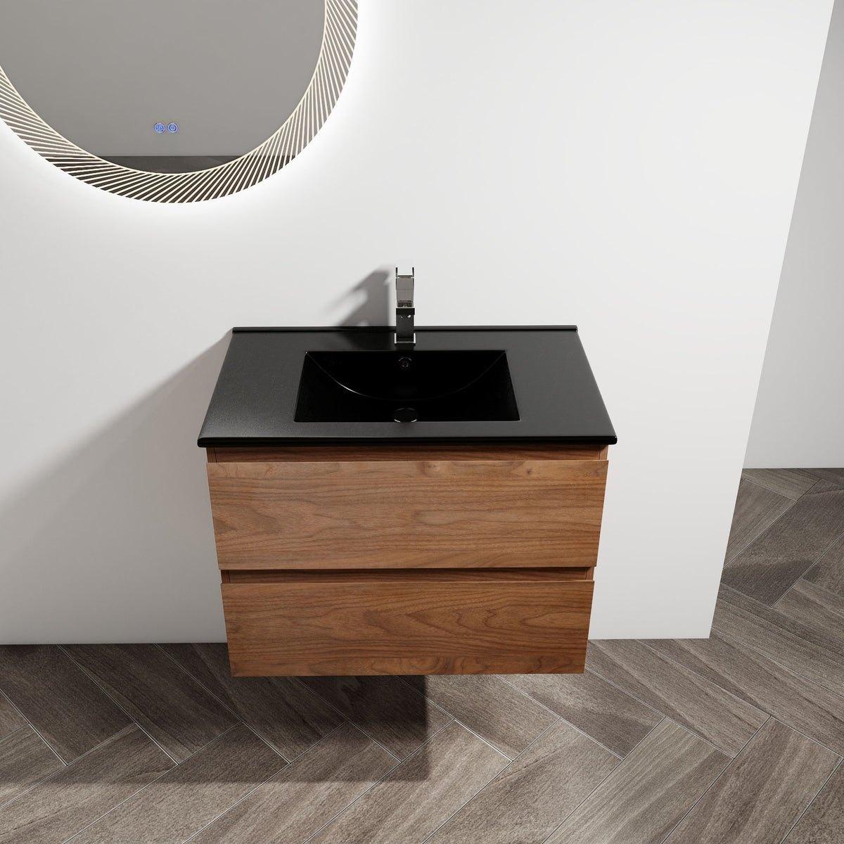 Wall-mounted bathroom vanity with black rectangular sink, dark wood cabinet and drawers