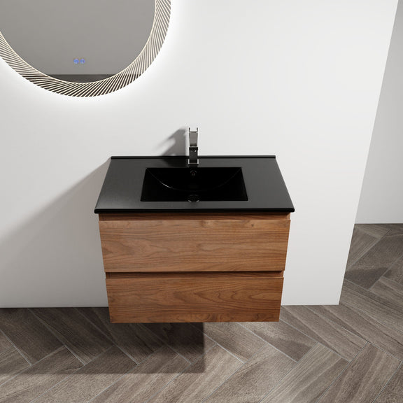Wall-mounted bathroom vanity with black rectangular sink, dark wood cabinet and drawers