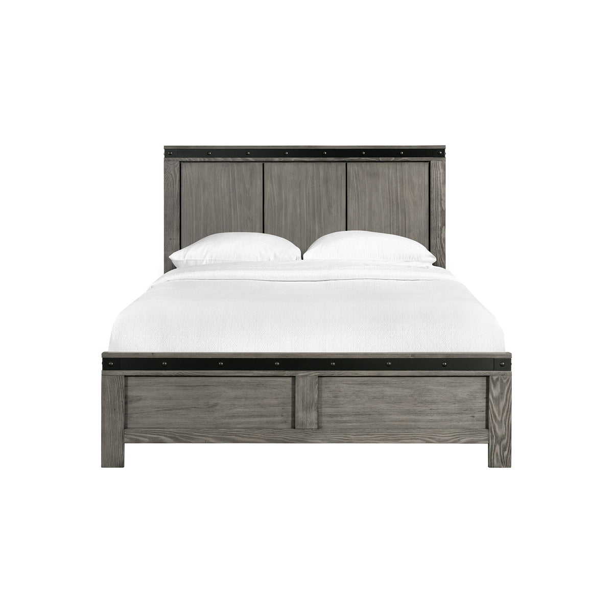 Dark gray wooden bed with slat headboard, two pillows, and white duvet front view