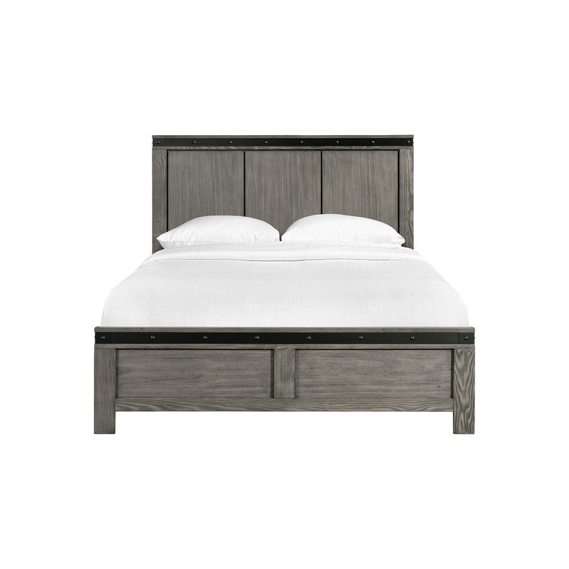Dark gray wooden bed with slat headboard, two pillows, and white duvet front view