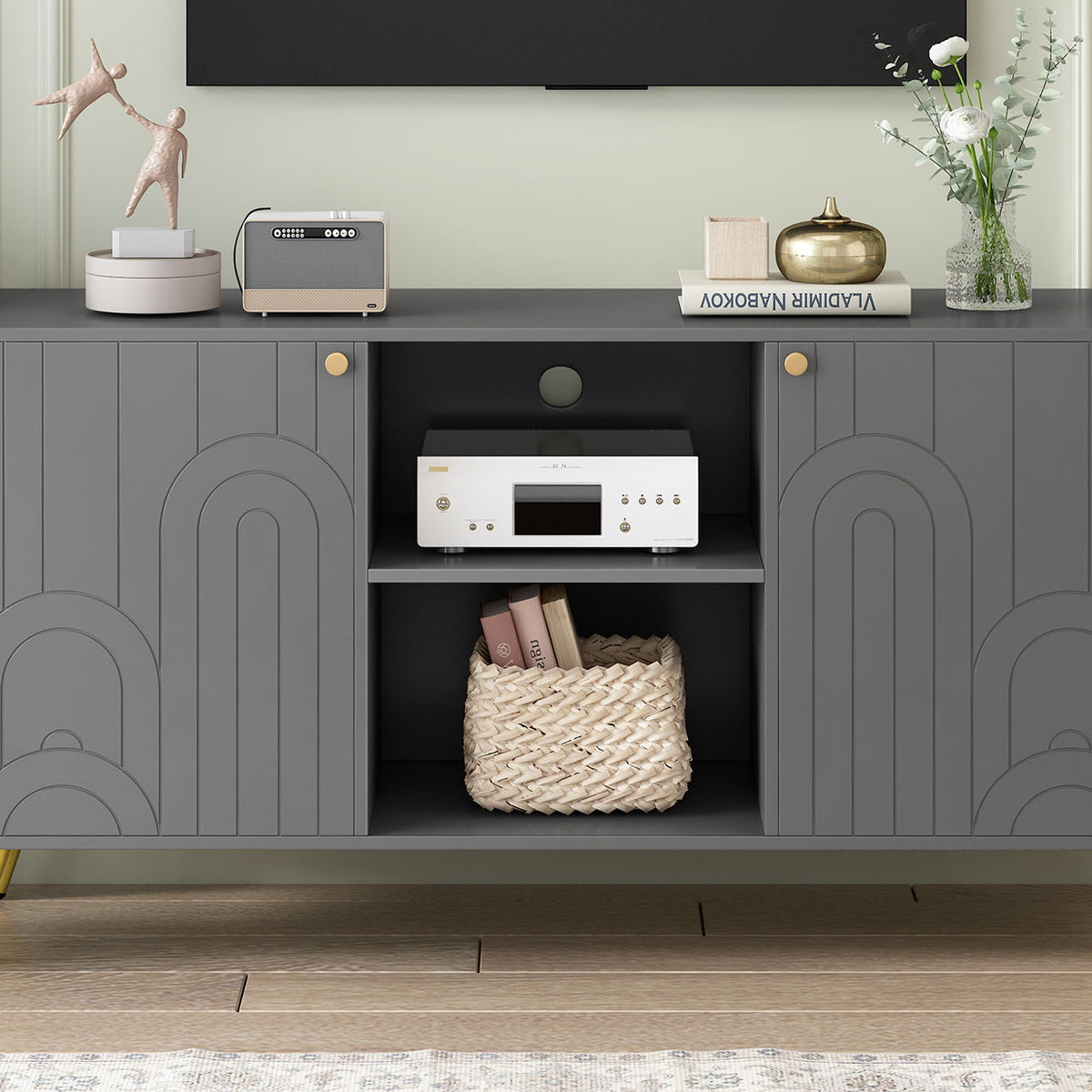 Modern TV Stand With Adjustable Shelf, Handles And Anti-Tip Device