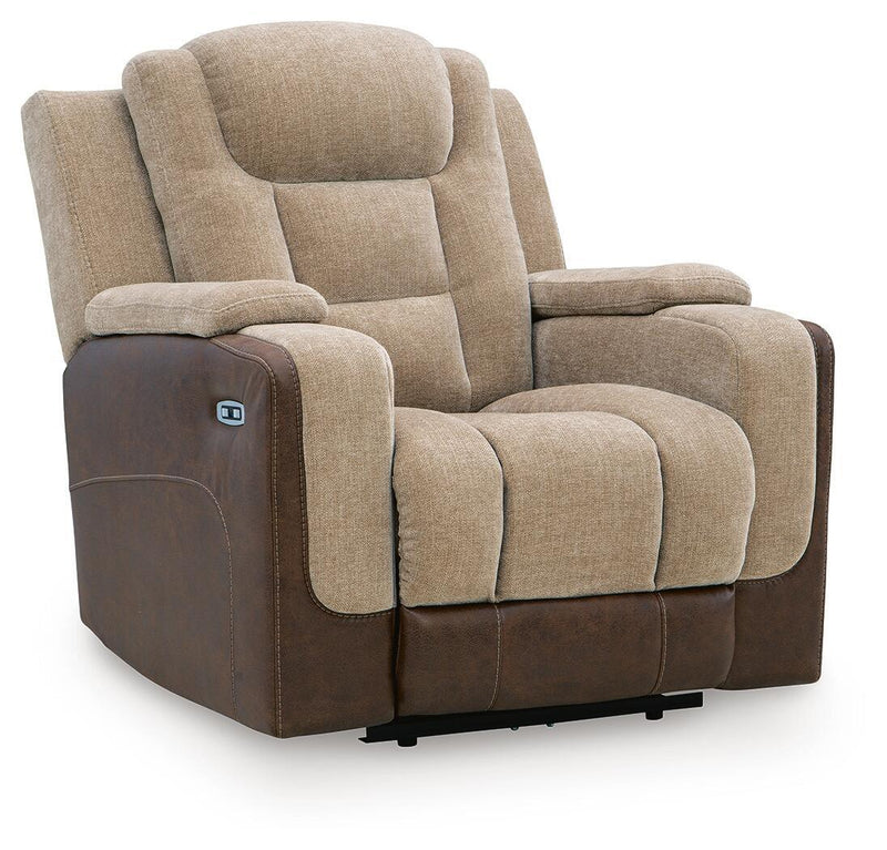 Two-tone power recliner with adjustable headrest, beige fabric and dark brown accents