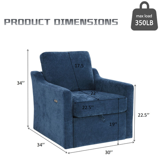 Blue accent armchair dimensions diagram with max load 350 lb