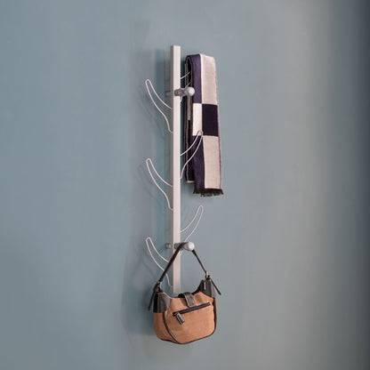 Gray wall-mounted coat rack with vertical eight curved hooks and round knobs