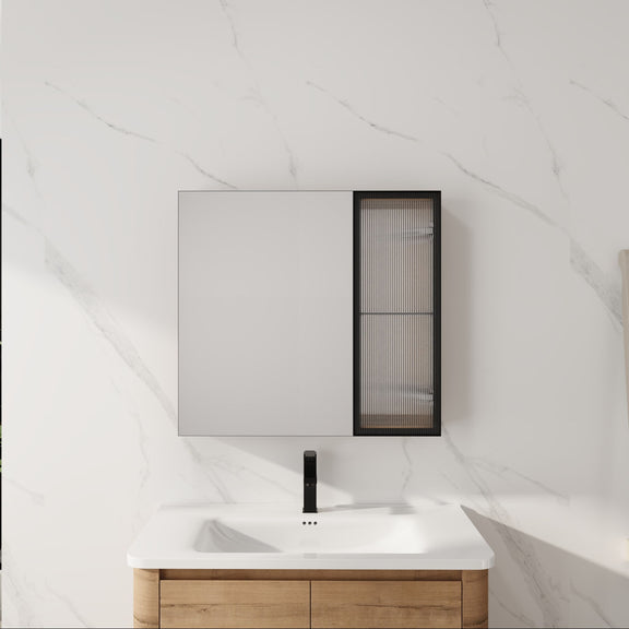Wall-mounted bathroom cabinet with oak door frame and ribbed mesh panel over sink