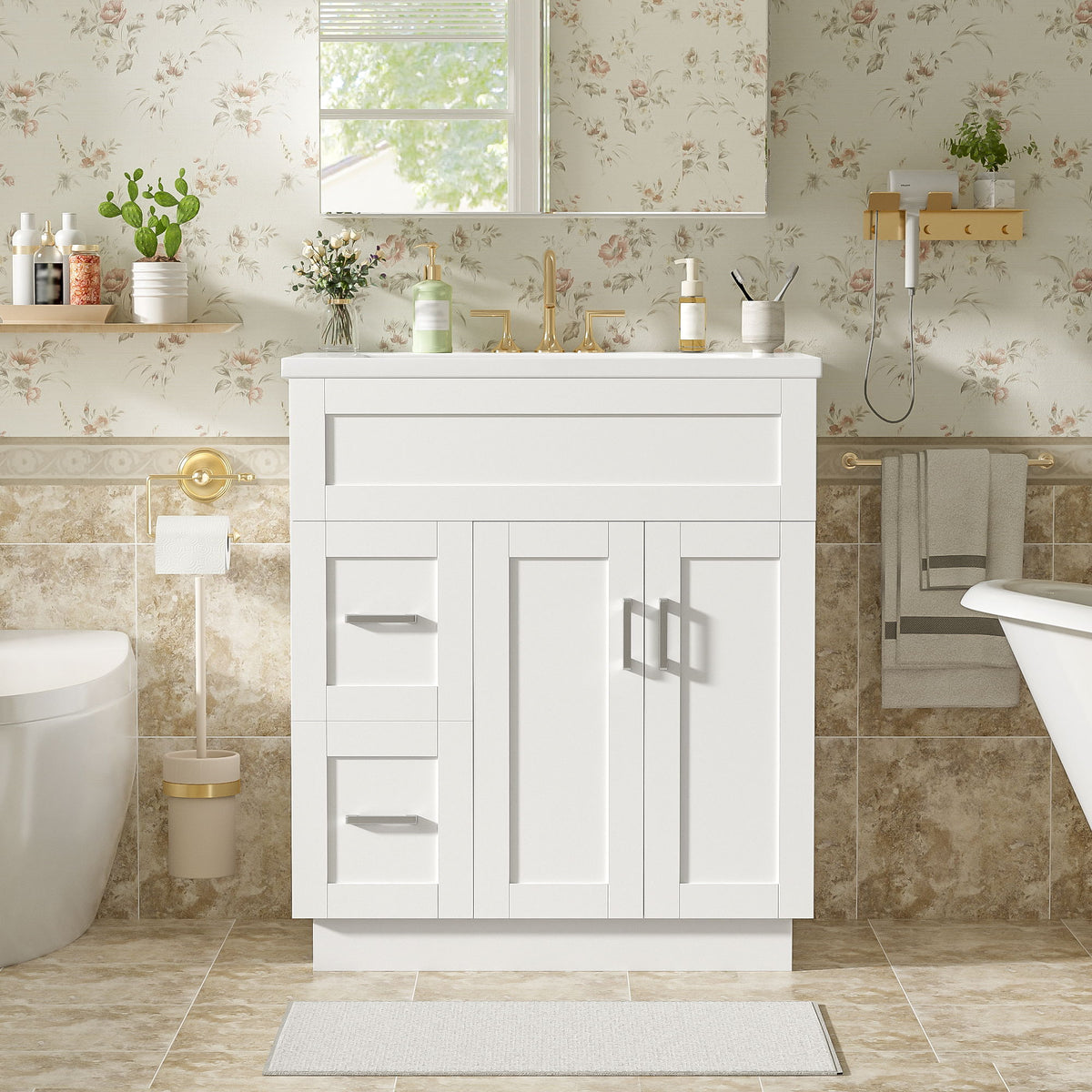White bathroom vanity with sink and cabinet doors, plus drawer fronts with bar pulls
