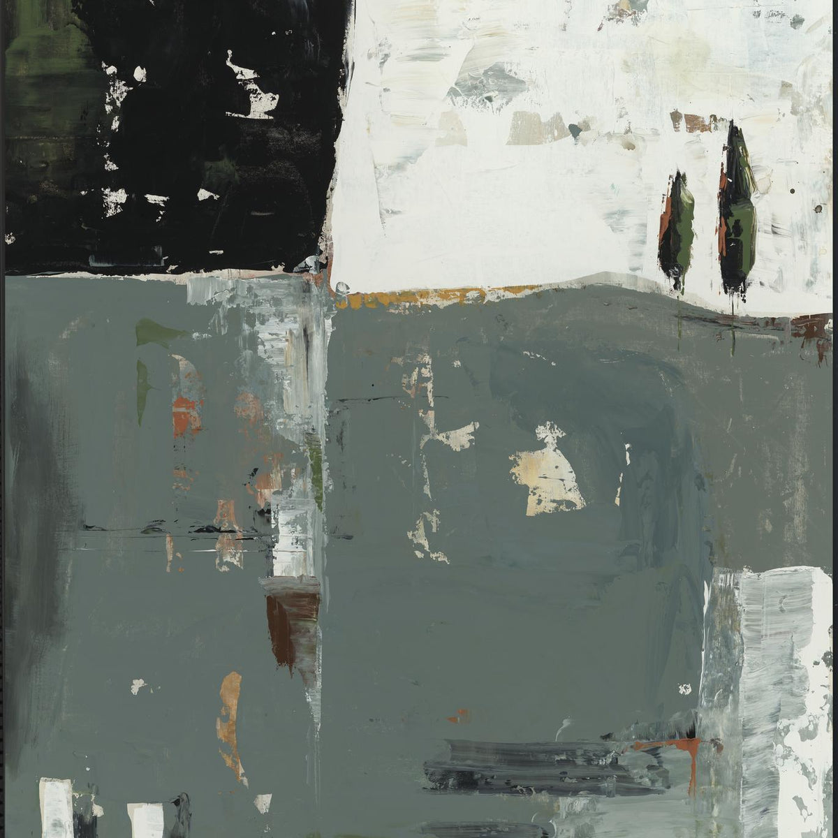 Abstract canvas painting with dark gray, light gray, and white block design
