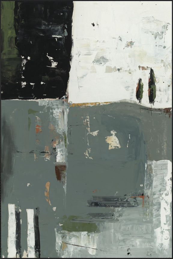 Abstract canvas painting with dark gray, light gray, and white block design