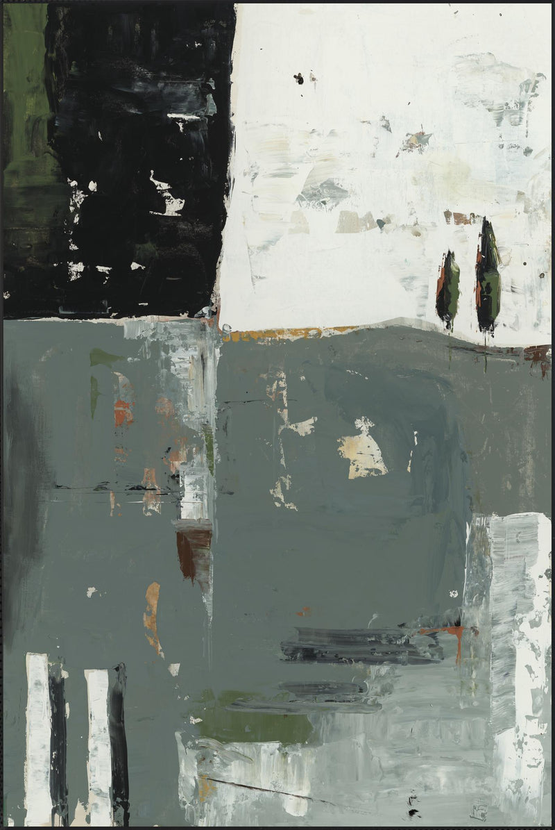 Abstract canvas painting with dark gray, light gray, and white block design