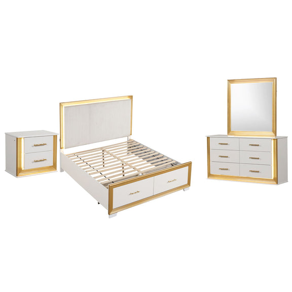 White bedroom set with LED-trim bed, headboard, and two drawer nightstands
