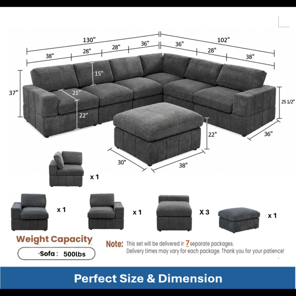 Dark gray modular sectional sofa layout with center ottoman