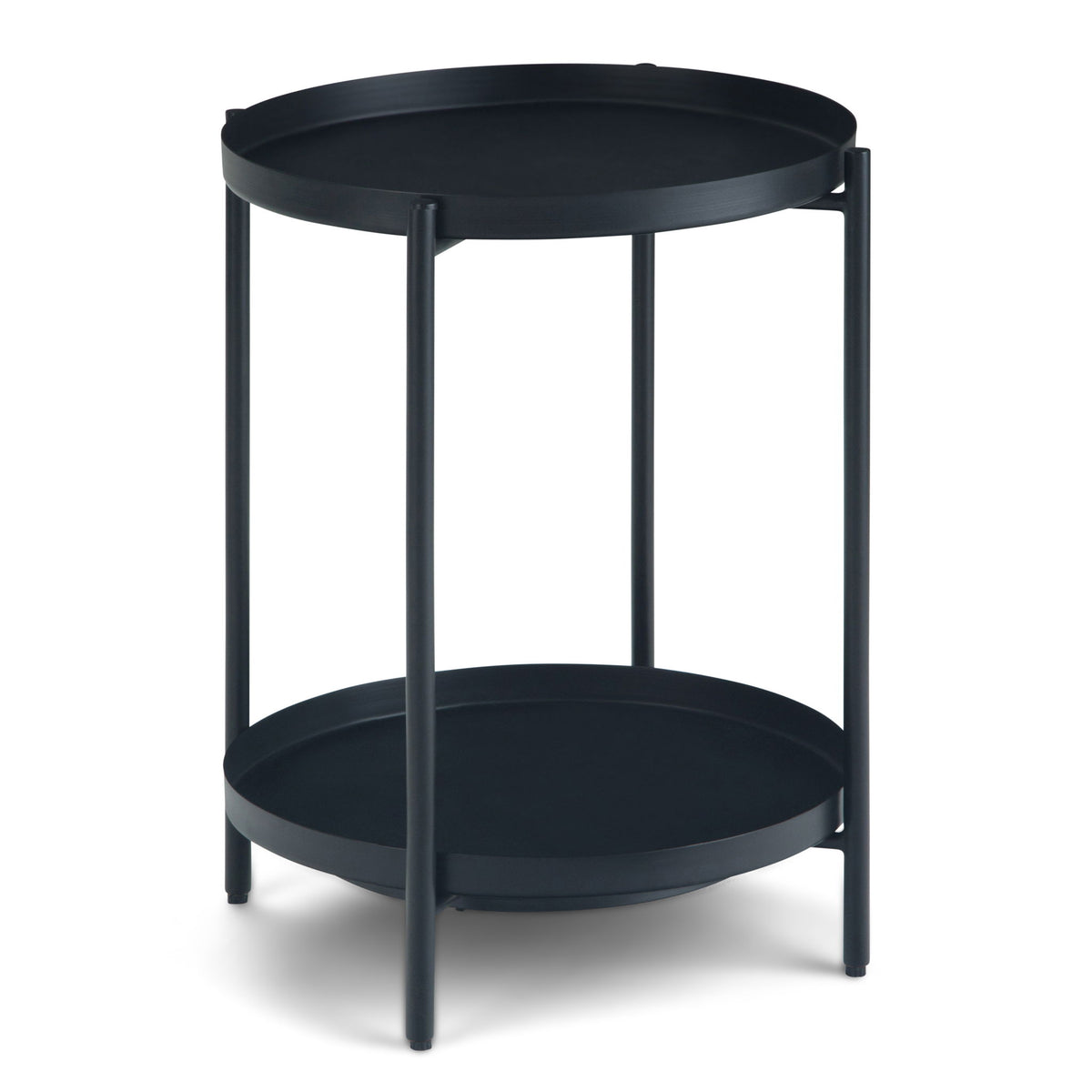 Black round metal end table with two open tiers and four vertical legs