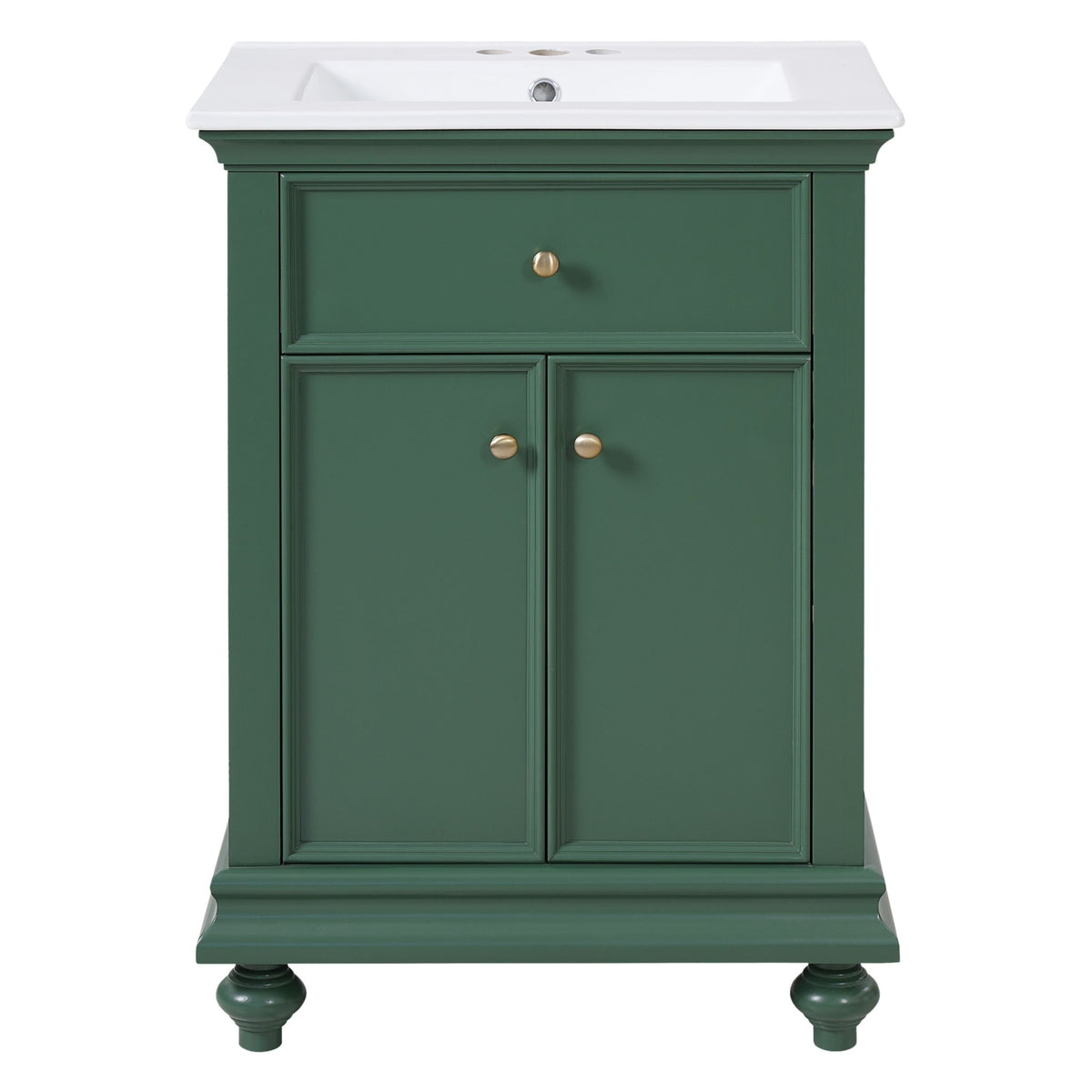 Dark green bathroom vanity cabinet with white sink top, two doors, and brass knobs