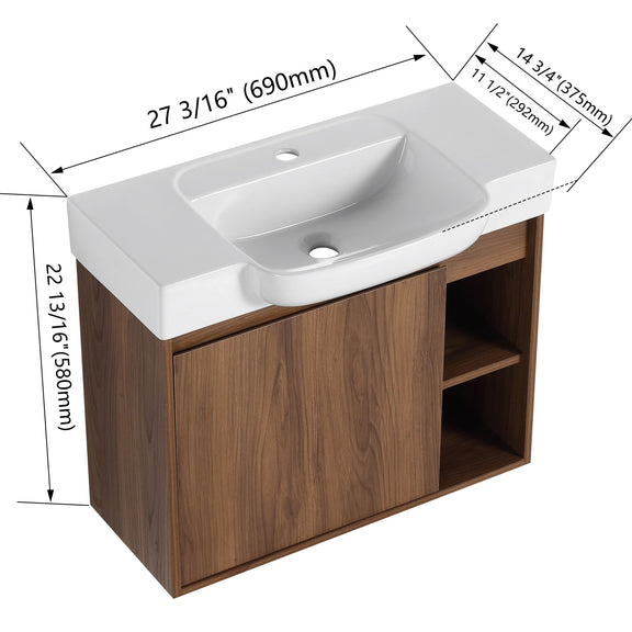 Wall-mounted bathroom vanity with sink, dark wood cabinet and white countertop