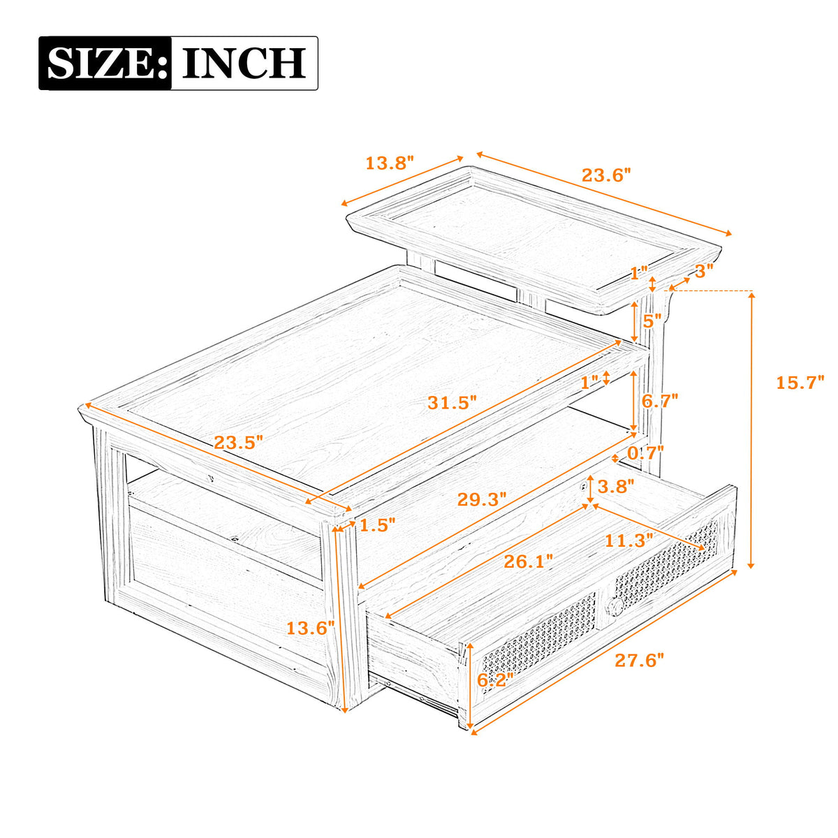Coffee Table With 1 Storage Shelf, 2 Tabletops And 1 Rattan Drawer