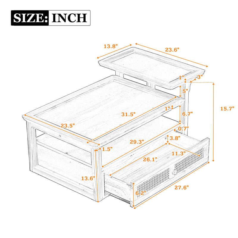 Coffee Table With 1 Storage Shelf, 2 Tabletops And 1 Rattan Drawer