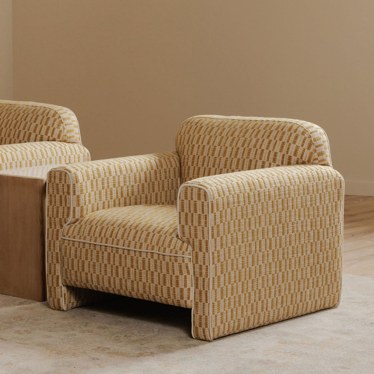 Chartreuse and beige woven accent chair, side view with rolled arms