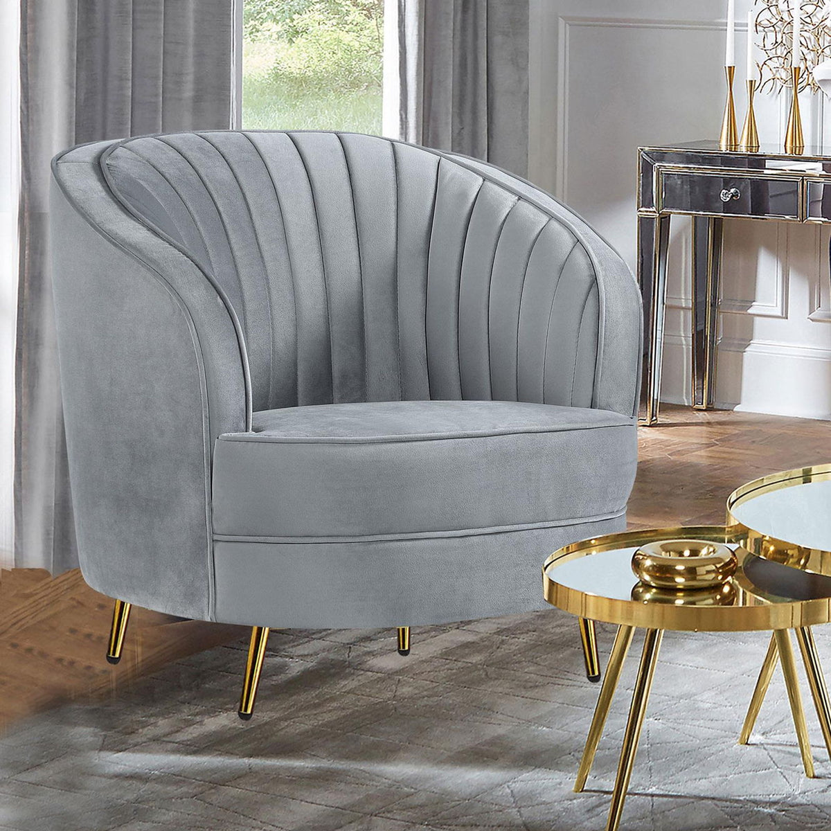 Sophia Upholstered Channel Tufted Barrel Accent Chair Grey
