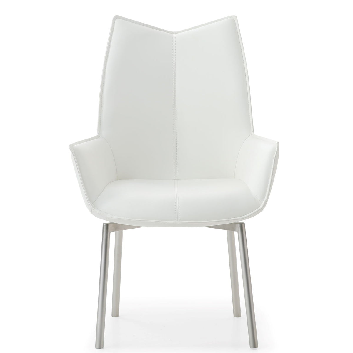 White swivel dining chair with upholstered seat, curved back, and silver metal legs