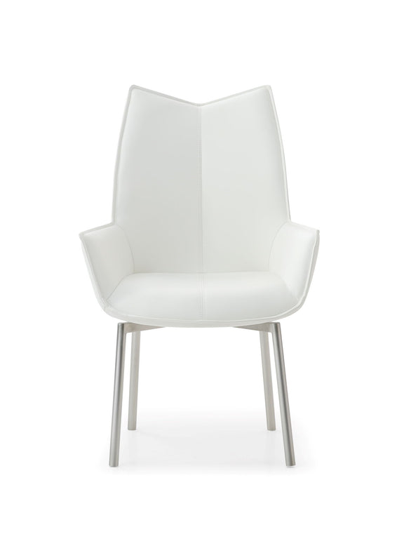 White swivel dining chair with upholstered seat, curved back, and silver metal legs