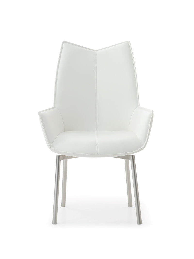 White swivel dining chair with upholstered seat, curved back, and silver metal legs