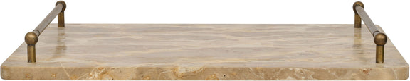 Beige marble serving tray with brass corner handles and raised rim.