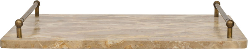 Beige marble serving tray with brass corner handles and raised rim.