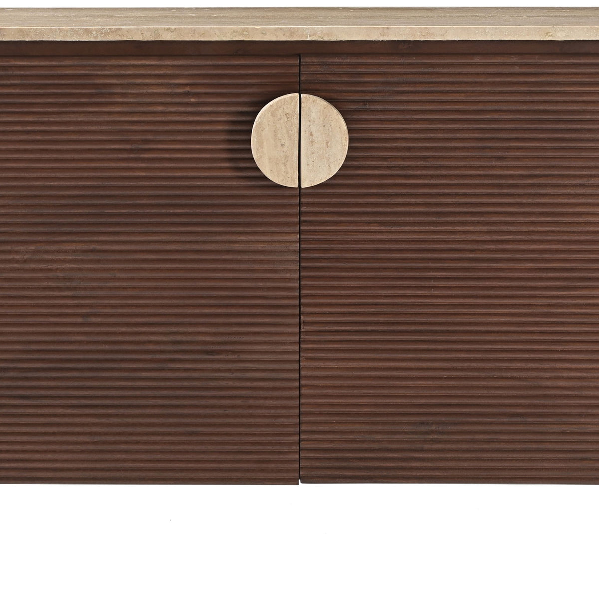 Dark brown acacia wood sideboard with two door panels and central round pull