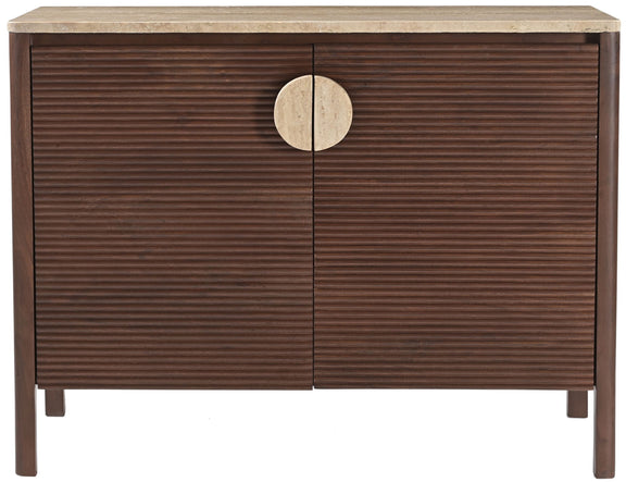 Dark brown acacia wood sideboard with two door panels and central round pull