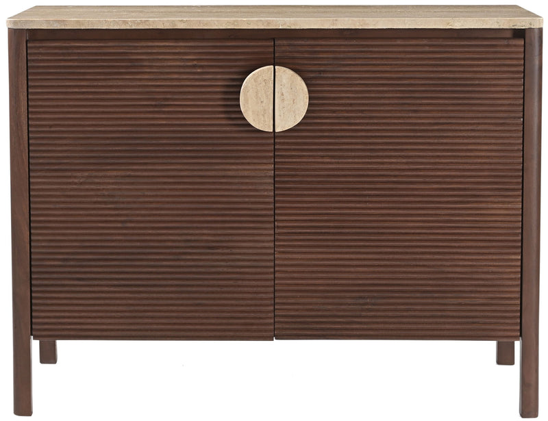 Dark brown acacia wood sideboard with two door panels and central round pull