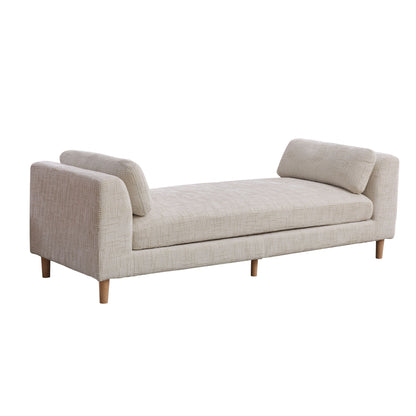 Upholstered end-of-bed bench with armrests, beige fabric, tapered wooden legs, 2 back cushions