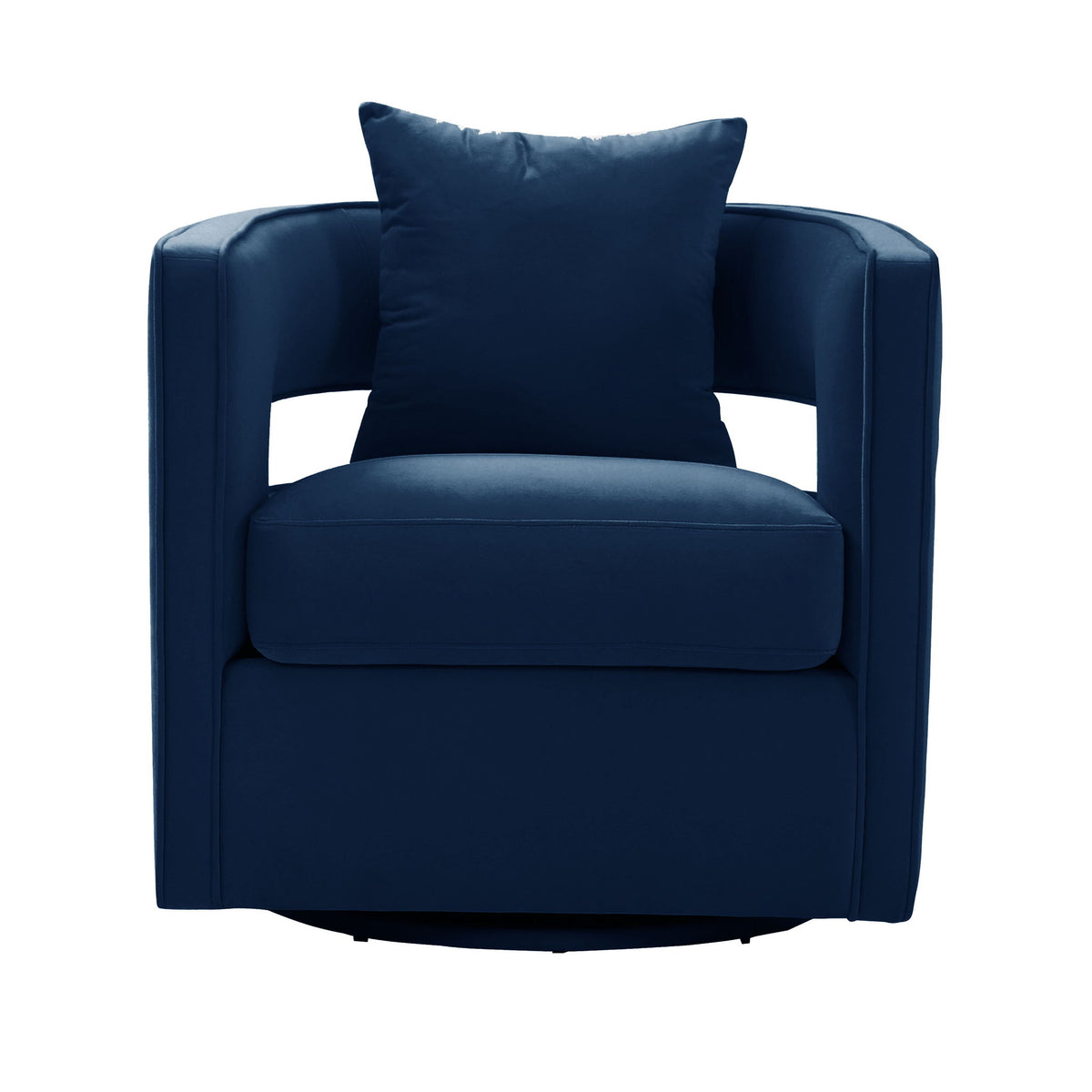 Blue swivel chair with back cushion and wide upholstered armrests