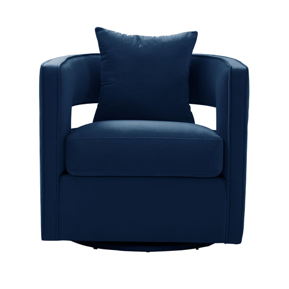 Blue swivel chair with back cushion and wide upholstered armrests