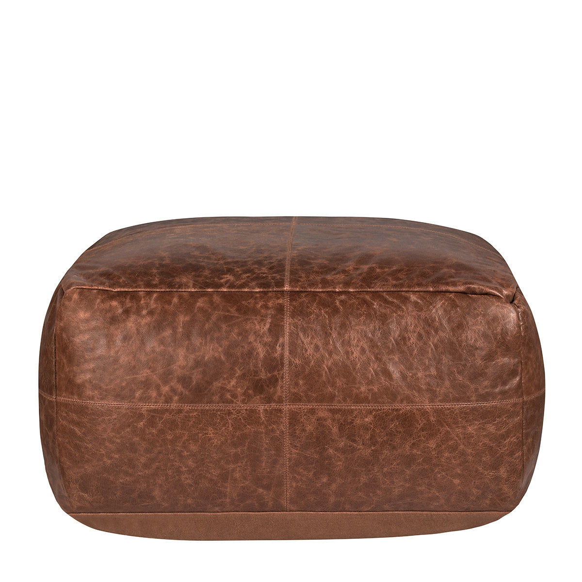 Chestnut leather pouf ottoman with top seam and stitched sides, rounded square shape