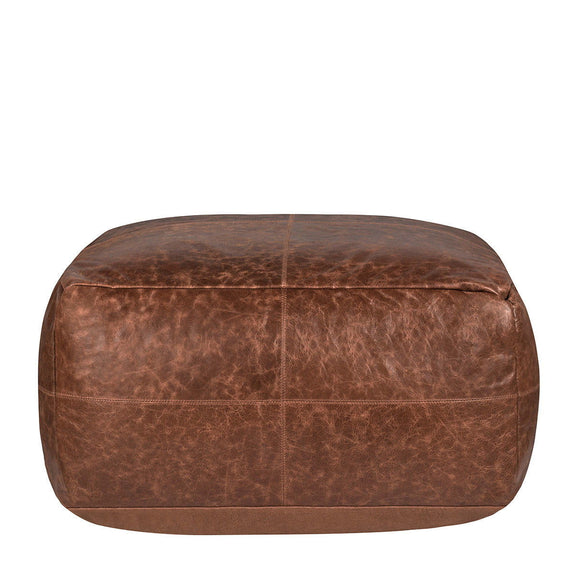 Chestnut leather pouf ottoman with top seam and stitched sides, rounded square shape