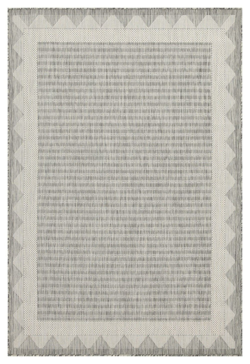 Light gray striped area rug with cream zigzag border and centered grid pattern