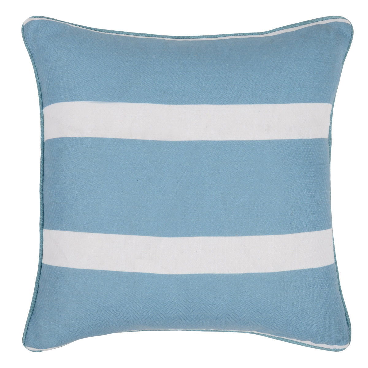 Blue and white striped square decorative pillow with piped edging