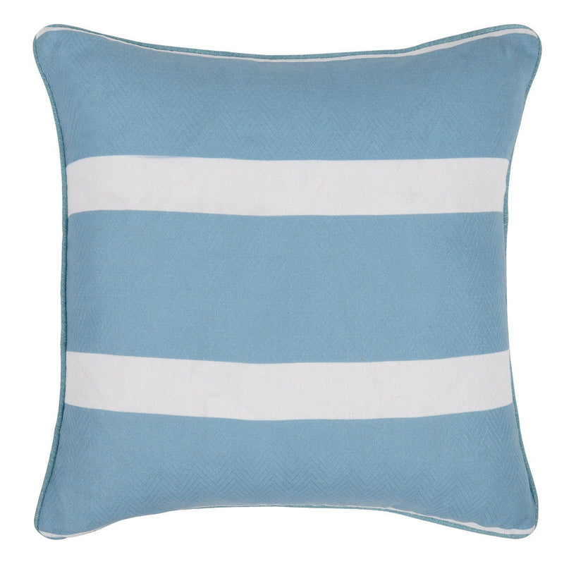 Blue and white striped square decorative pillow with piped edging