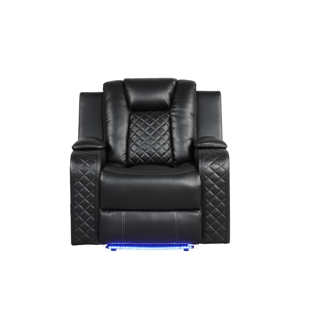 Black power recliner chair with adjustable headrest and diamond-quilted sides; LED base glow.