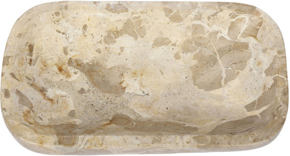 Beige marble tray top view, oval shallow dish with stone speckles