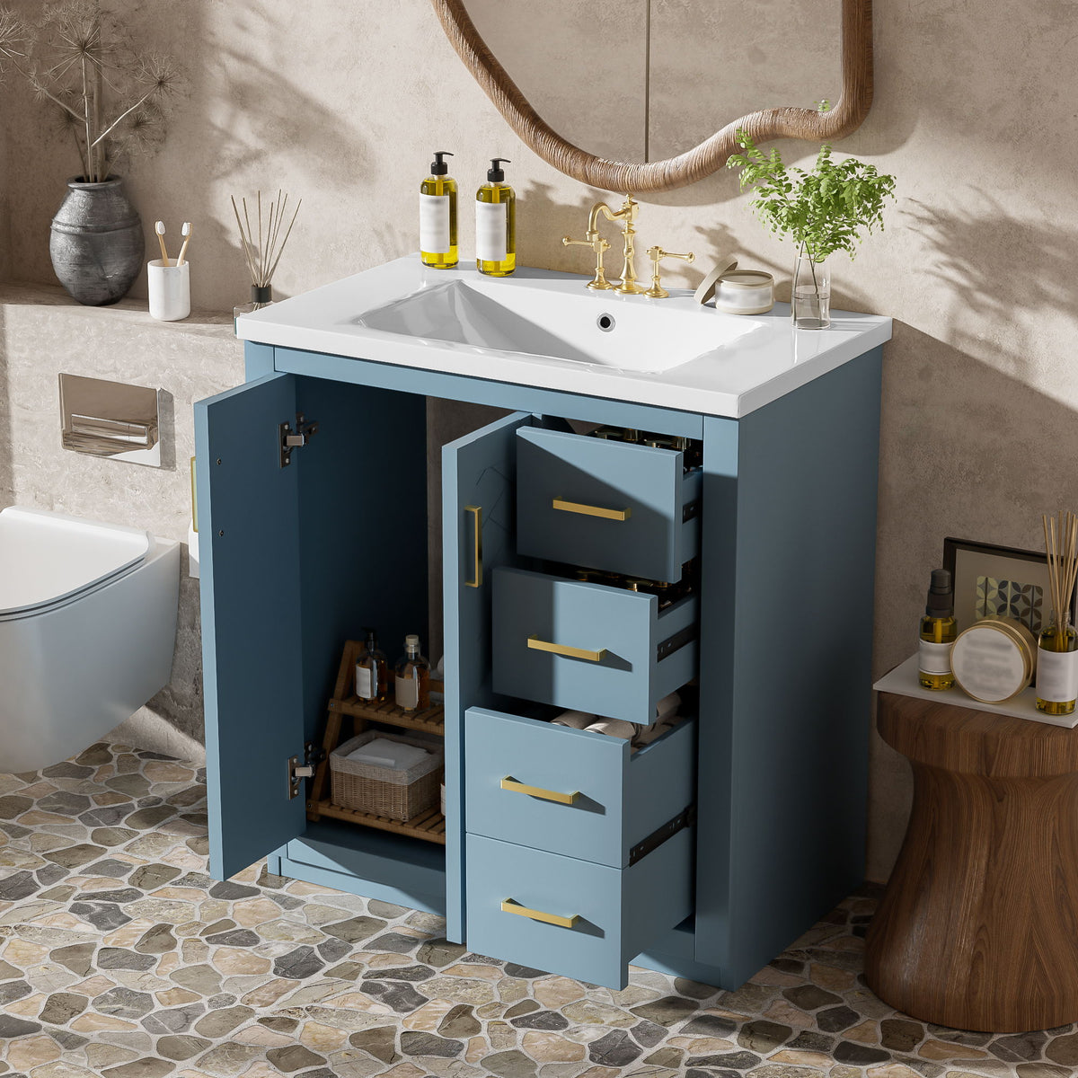 Blue bathroom vanity with sink, open cabinet door, and stacked drawer storage