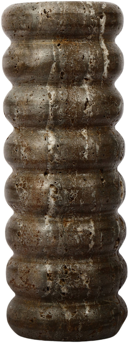 Gray travertine vase front view with textured ridged pattern