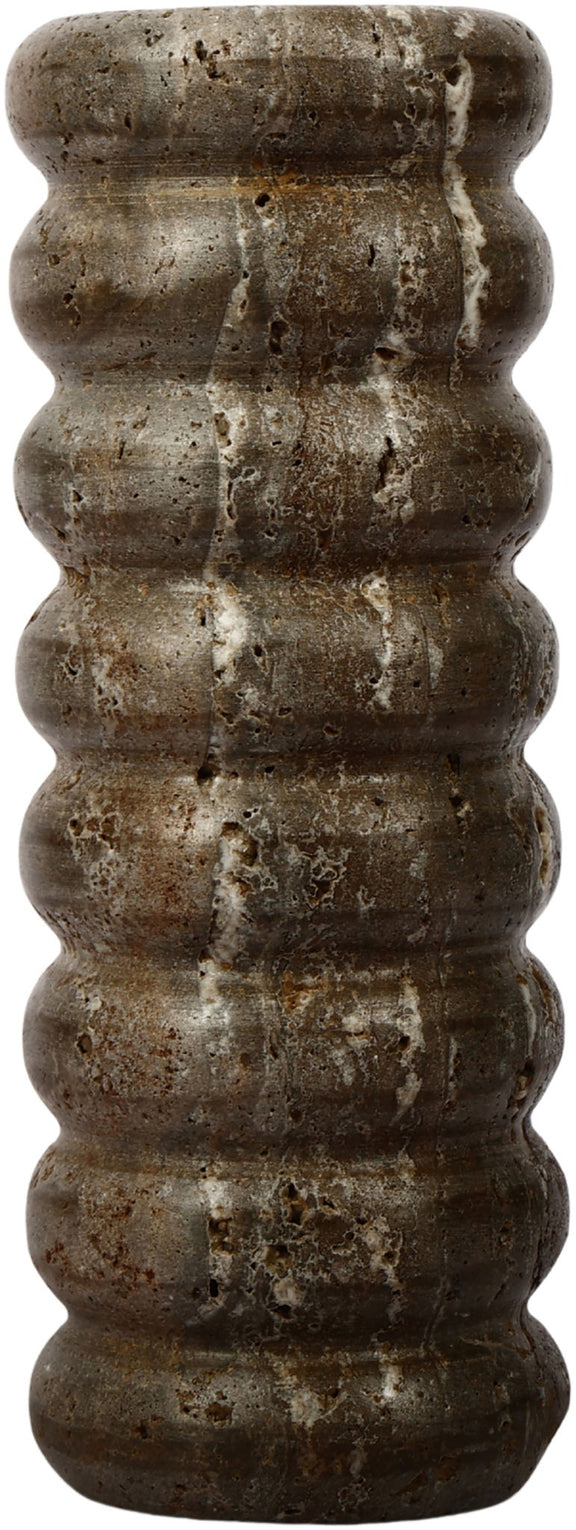 Gray travertine vase front view with textured ridged pattern