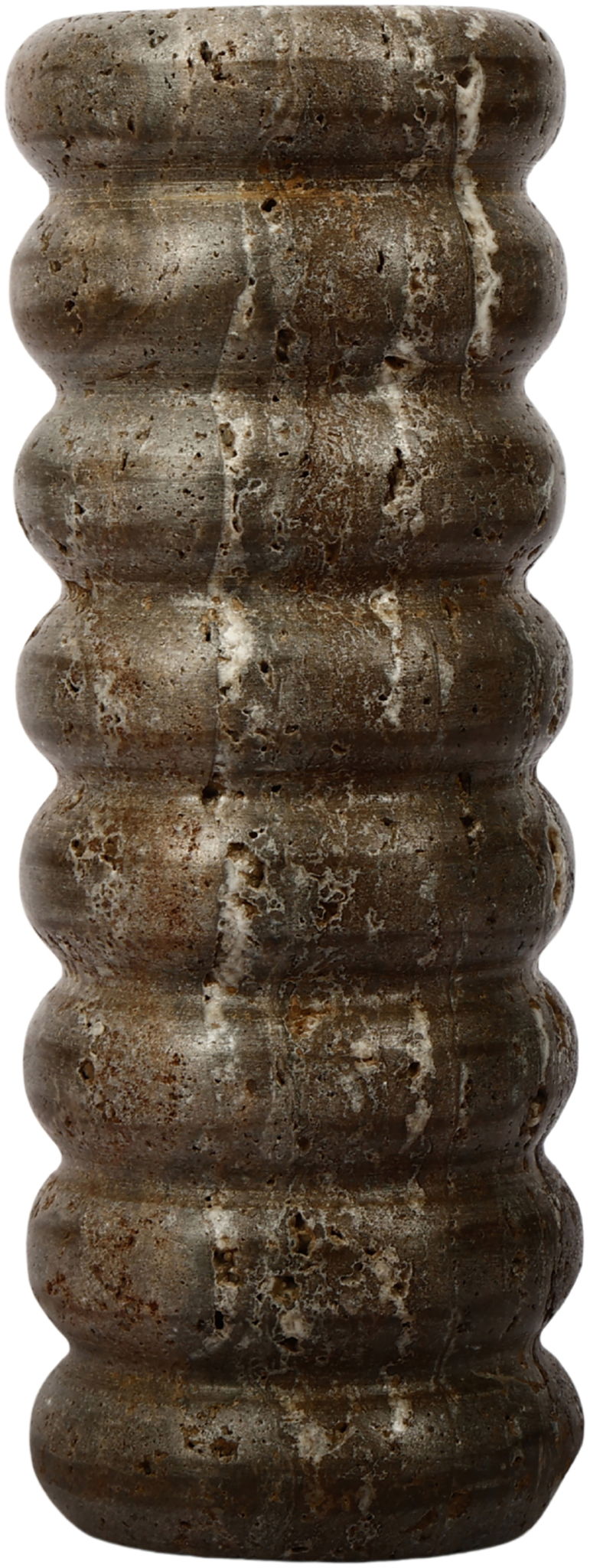 Gray travertine vase front view with textured ridged pattern