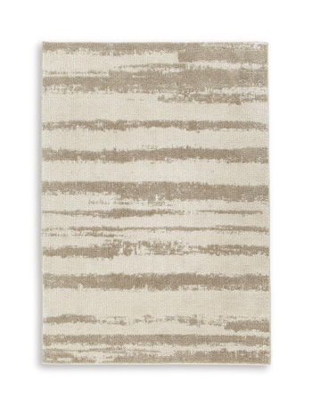 Beige washable area rug with horizontal striped pattern and textured weave